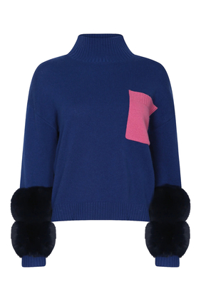 Polo-Neck Sweater With Faux-Fur Cuffs